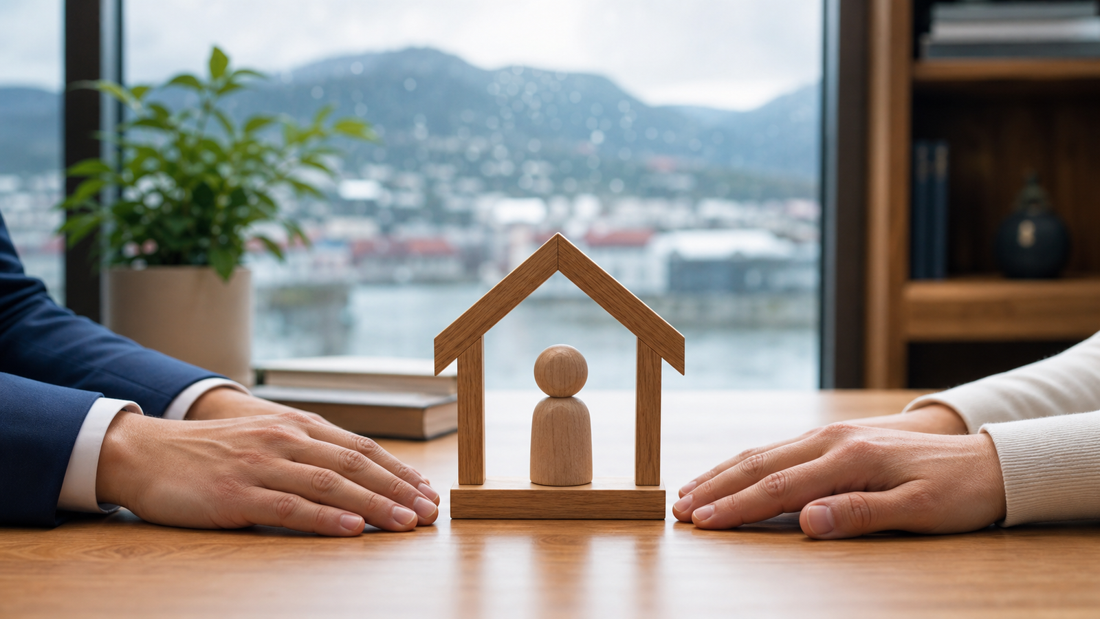 Figura infantil de madera protegida por una casa entre dos adultos, símbolo del cuidado personal de hijos