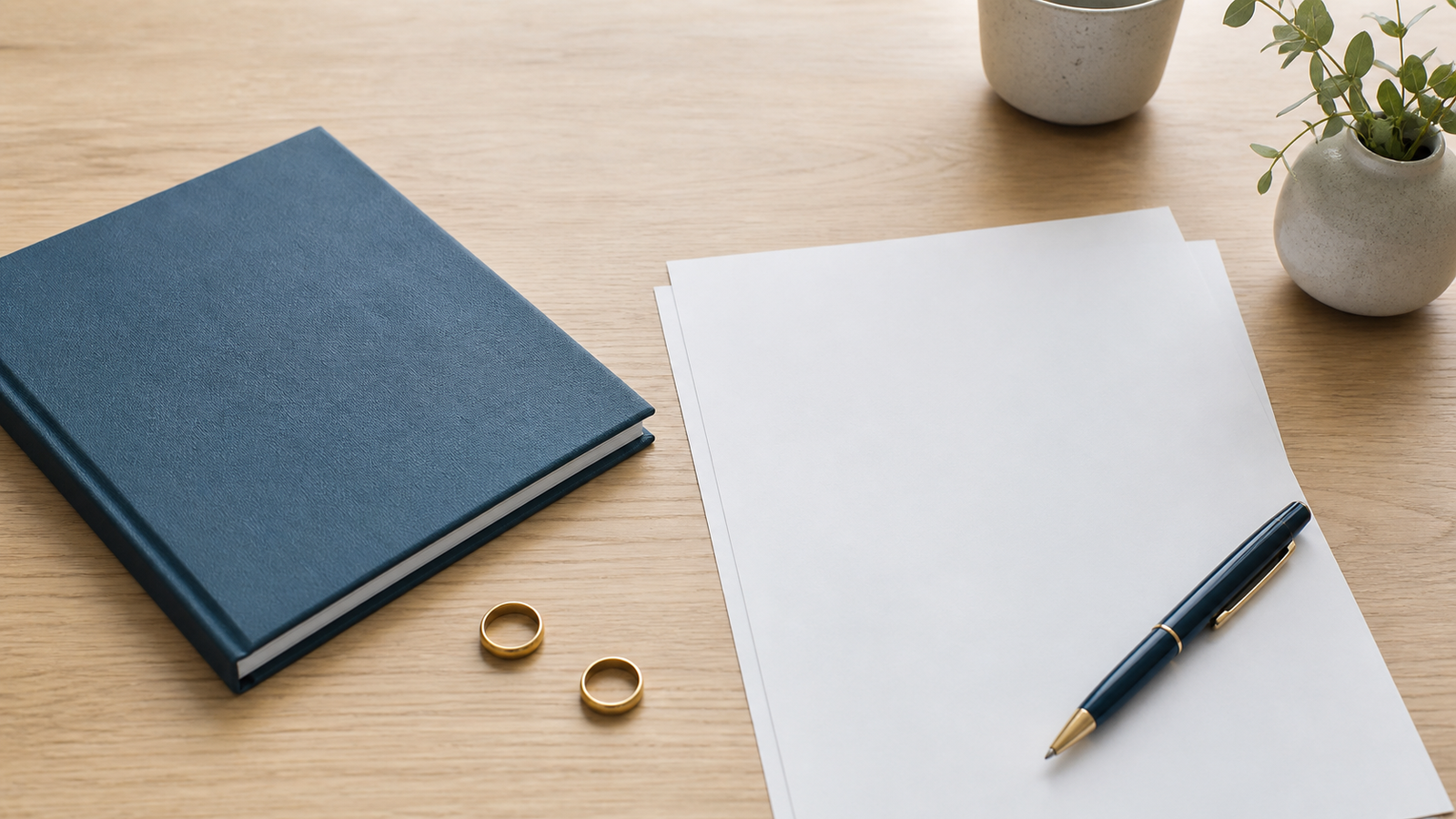 Documentos en blanco y alianzas separadas sobre un escritorio, representación sobria de un divorcio unilateral.