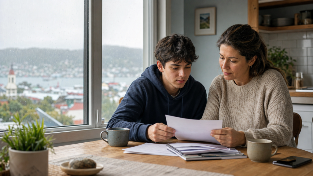 Madre e hijo revisando antecedentes de pensión de alimentos en Puerto Montt