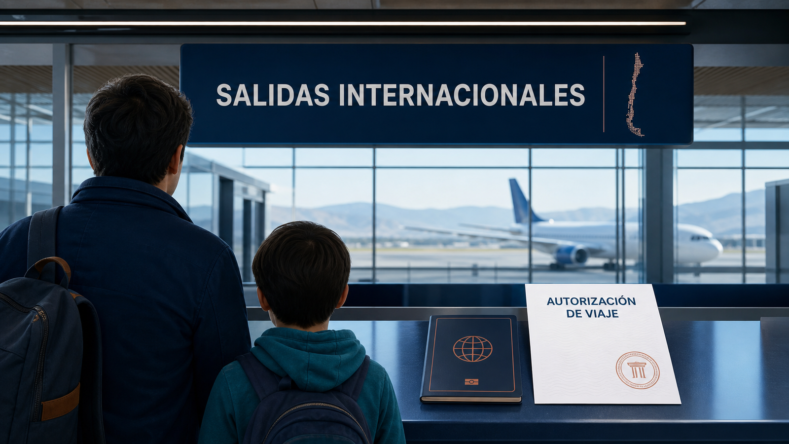 Adulto y niño de espaldas en un control de salidas internacionales con una autorización de viaje para salir de Chile