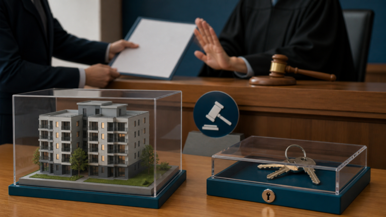 Maqueta de un departamento y llaves protegidas mientras una jueza revisa la autorización para vender el inmueble de un hijo menor