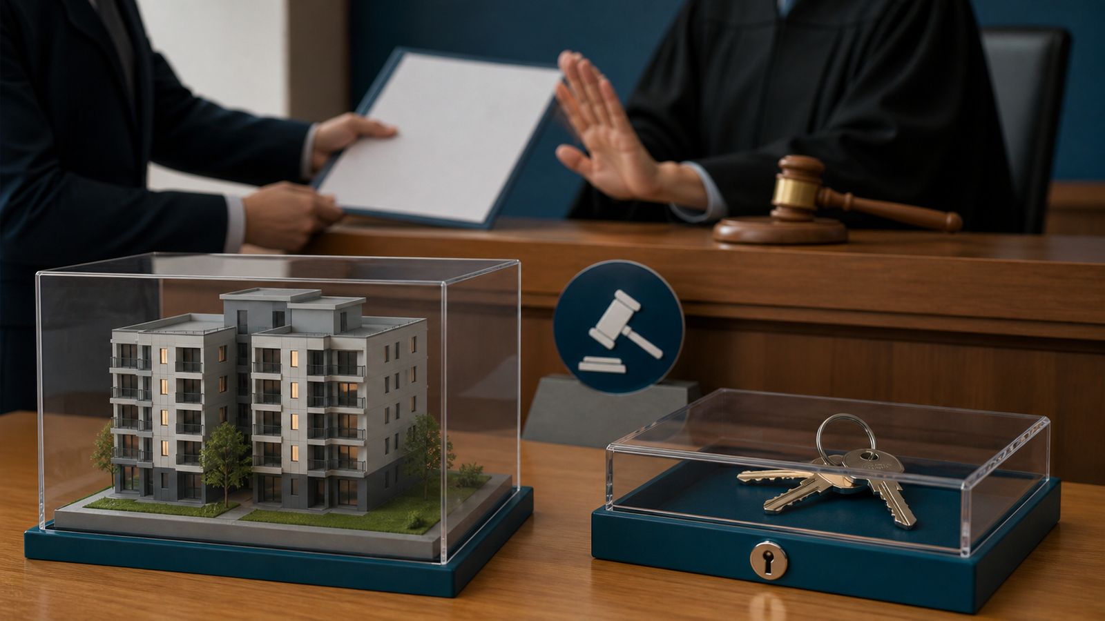 Maqueta de un departamento y llaves protegidas mientras una jueza revisa la autorización para vender el inmueble de un hijo menor