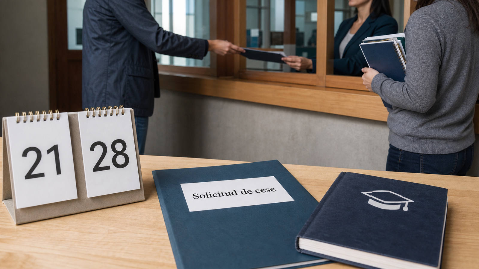 Calendario con hitos de 21 y 28 años, carpeta de solicitud de cese y estudios universitarios ante un tribunal de familia