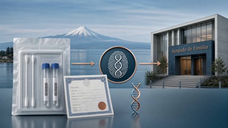 Kit de toma de muestra de ADN sellado junto a una inscripción de nacimiento ficticia y una ruta gráfica hacia el Juzgado de Familia de Puerto Montt