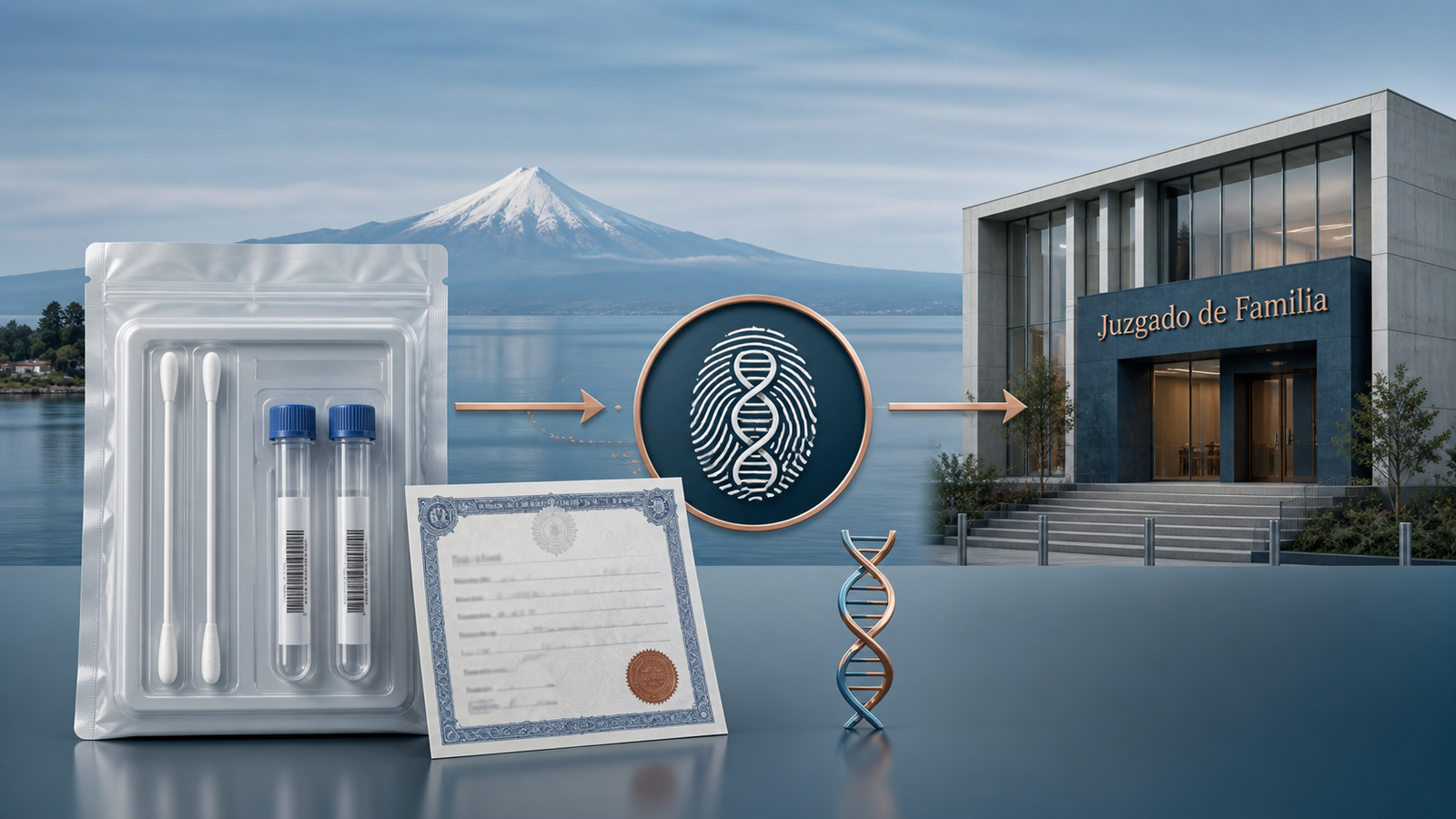 Kit de toma de muestra de ADN sellado junto a una inscripción de nacimiento ficticia y una ruta gráfica hacia el Juzgado de Familia de Puerto Montt