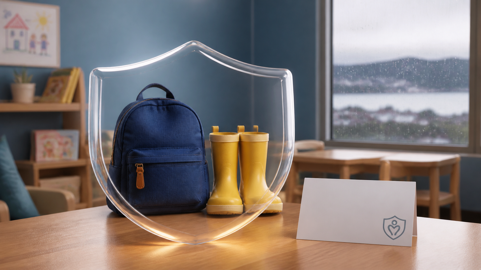 Mochila y botas infantiles resguardadas por un escudo transparente en una sala de atención, símbolo de una medida de protección judicial para niños en Puerto Montt