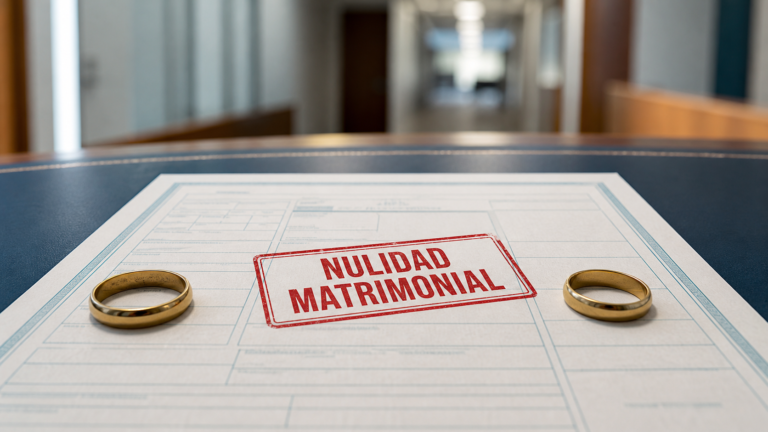 Dos anillos separados por un sello de nulidad matrimonial sobre una inscripción ficticia, representando la revisión judicial de una nulidad de matrimonio en Puerto Montt