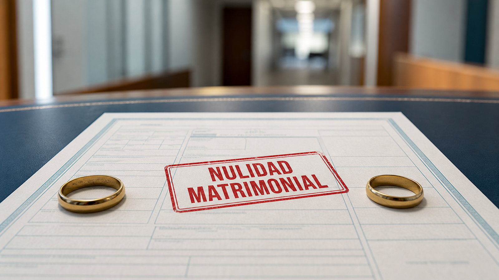 Dos anillos separados por un sello de nulidad matrimonial sobre una inscripción ficticia, representando la revisión judicial de una nulidad de matrimonio en Puerto Montt