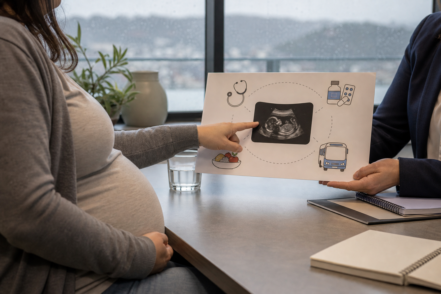 Mujer embarazada revisa en una mediación familiar de Puerto Montt los gastos de salud, alimentación y transporte del hijo que está por nacer