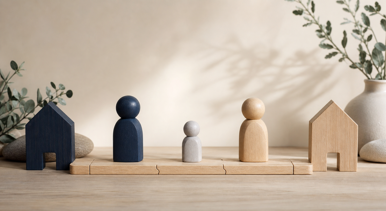 Figuras familiares de madera unidas por un camino entre dos hogares, símbolo de la relación directa y regular
