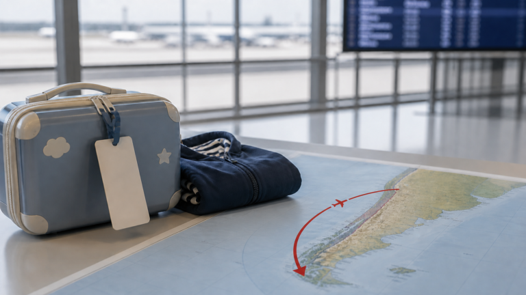 Maleta y chaqueta infantil junto a una ruta aérea de regreso hacia Chile, representando la restitución internacional de niños en Puerto Montt