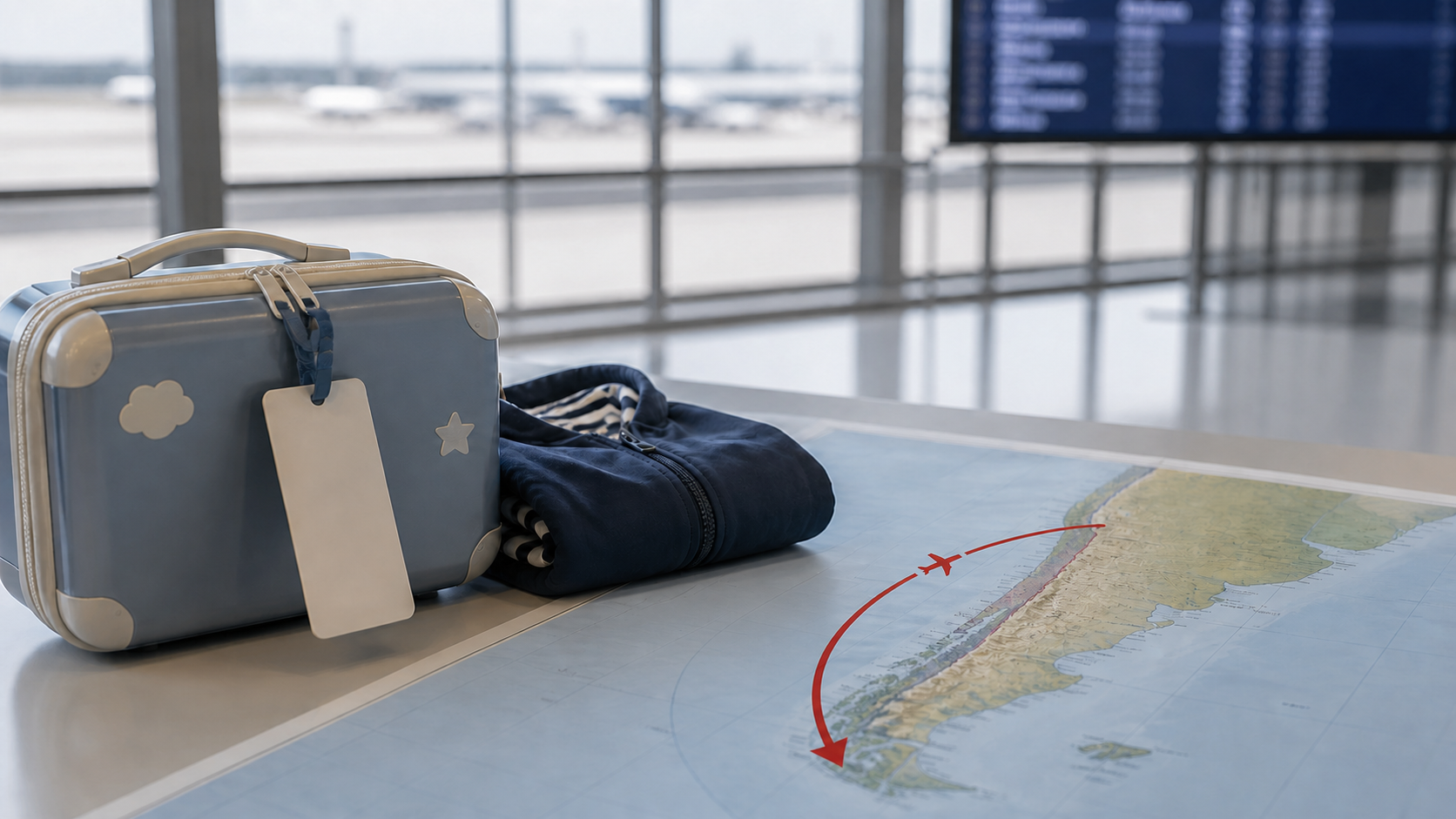 Maleta y chaqueta infantil junto a una ruta aérea de regreso hacia Chile, representando la restitución internacional de niños en Puerto Montt