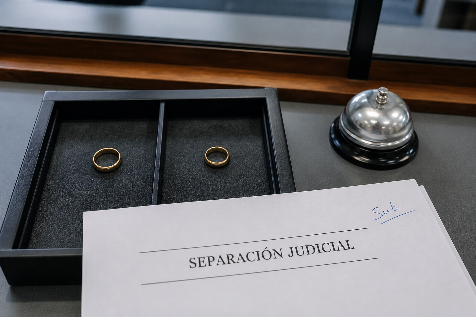 Dos anillos matrimoniales separados junto a una anotación ficticia de separación judicial para representar sus efectos legales en Puerto Montt